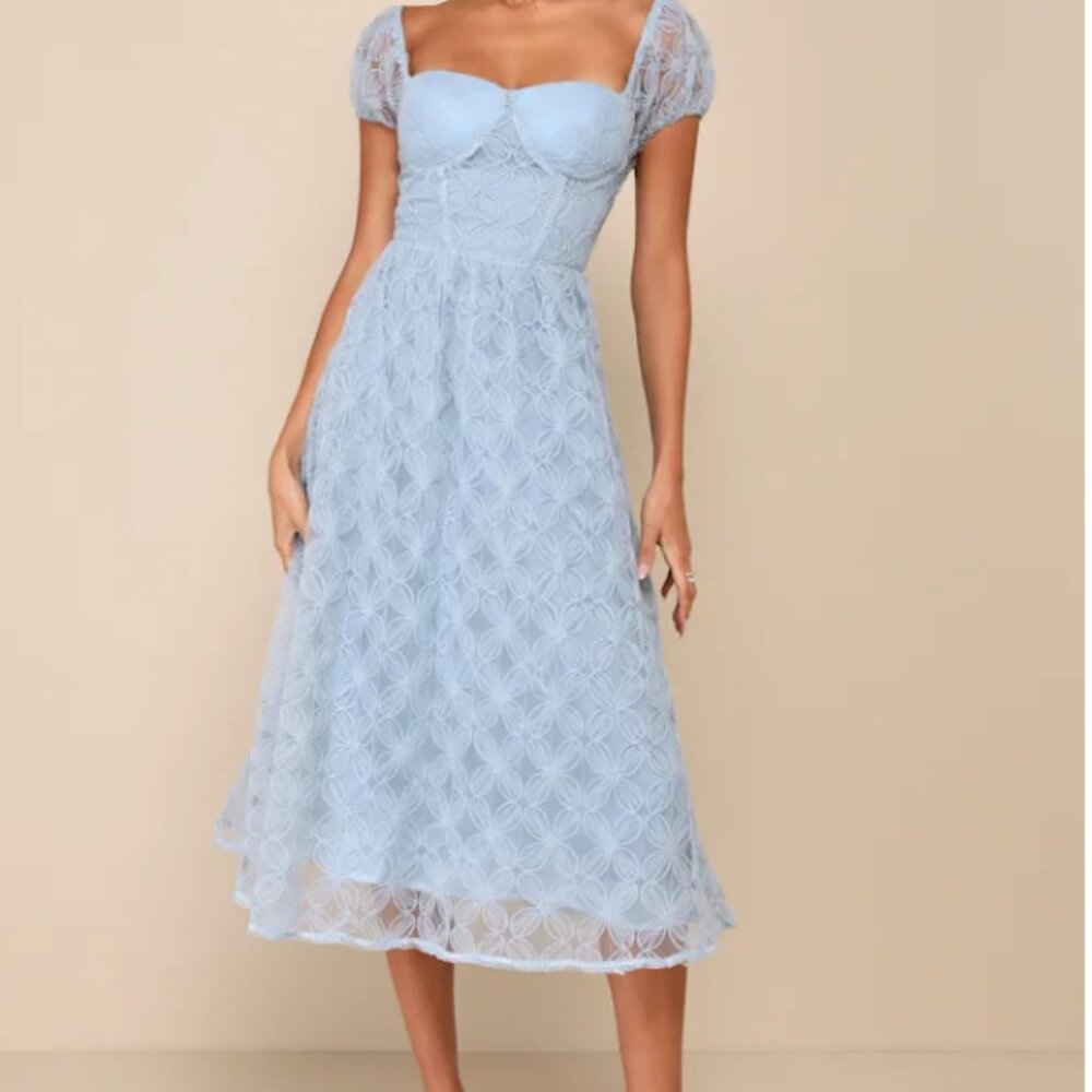 Elegant Blue Floral Applique Bustier Midi Dress